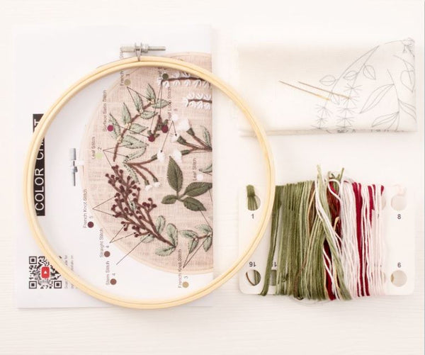DIY Embroidery Kit, Floral Plant B, Starter Beginner Needlework Craft Sewing Kit
