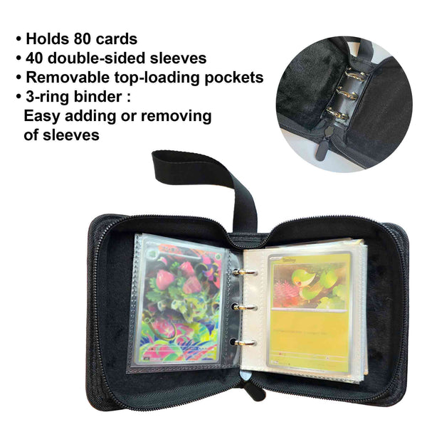 1 Pocket Trading Card Binder for 80 TCG Cards, Pokemon, Sports Card & Photo card, Mini Small Zipper Ring Binder, Black & Pink
