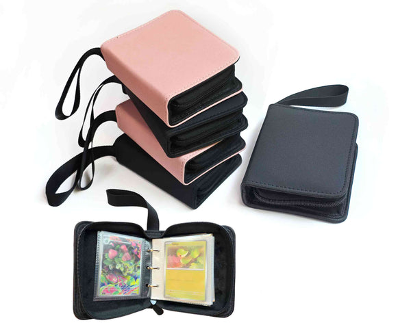 1 Pocket Trading Card Binder for 80 TCG Cards, Pokemon, Sports Card & Photo card, Mini Small Zipper Ring Binder, Black & Pink