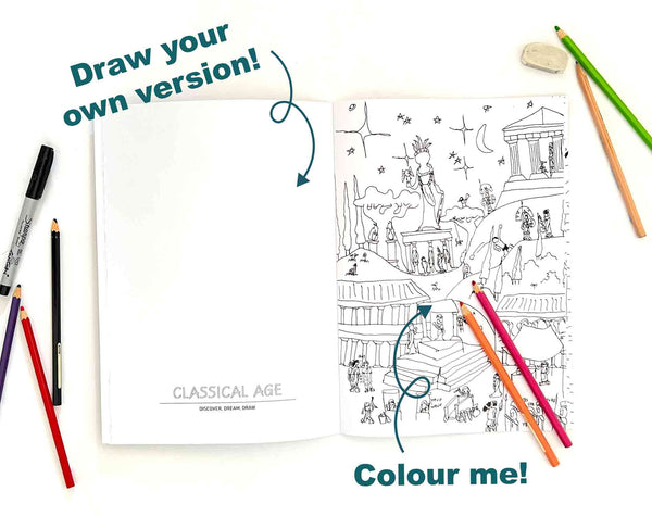 Colouring book & Drawing book, Drawn BY A KID for kids, JOURNEY THROUGH TIME