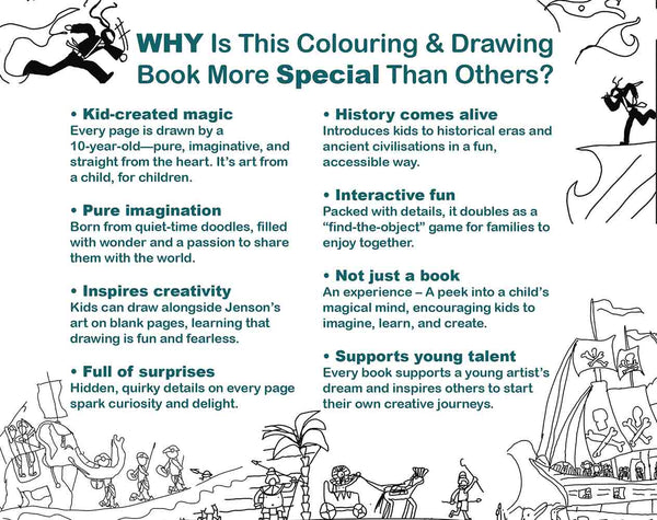 Colouring book & Drawing book, Drawn BY A KID for kids, JOURNEY THROUGH TIME