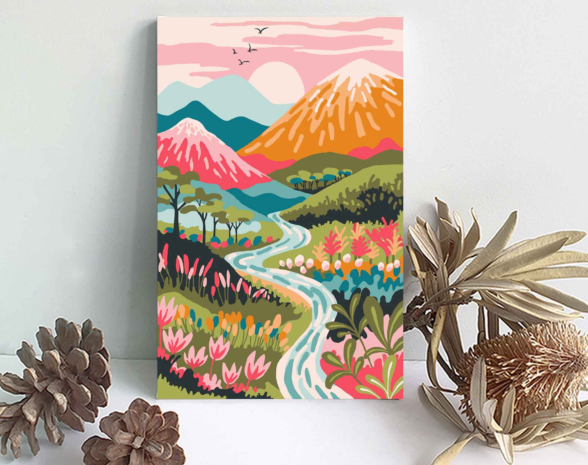 Paint By Numbers, Pink MOUNTAIN Sunrise 20x30cm Framed, DIY Minimalist Adult Paint Kit, Paint Parties Art Craft Supplies
