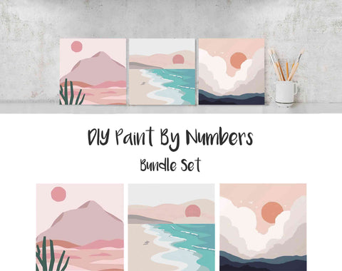 Paint By Numbers DIY, Nature ABSTRACT BEACH Landscape BUNDLE 20x20cm Framed, Landscape Paint Kit for kids & adults, for beginner, Art Craft Supplies