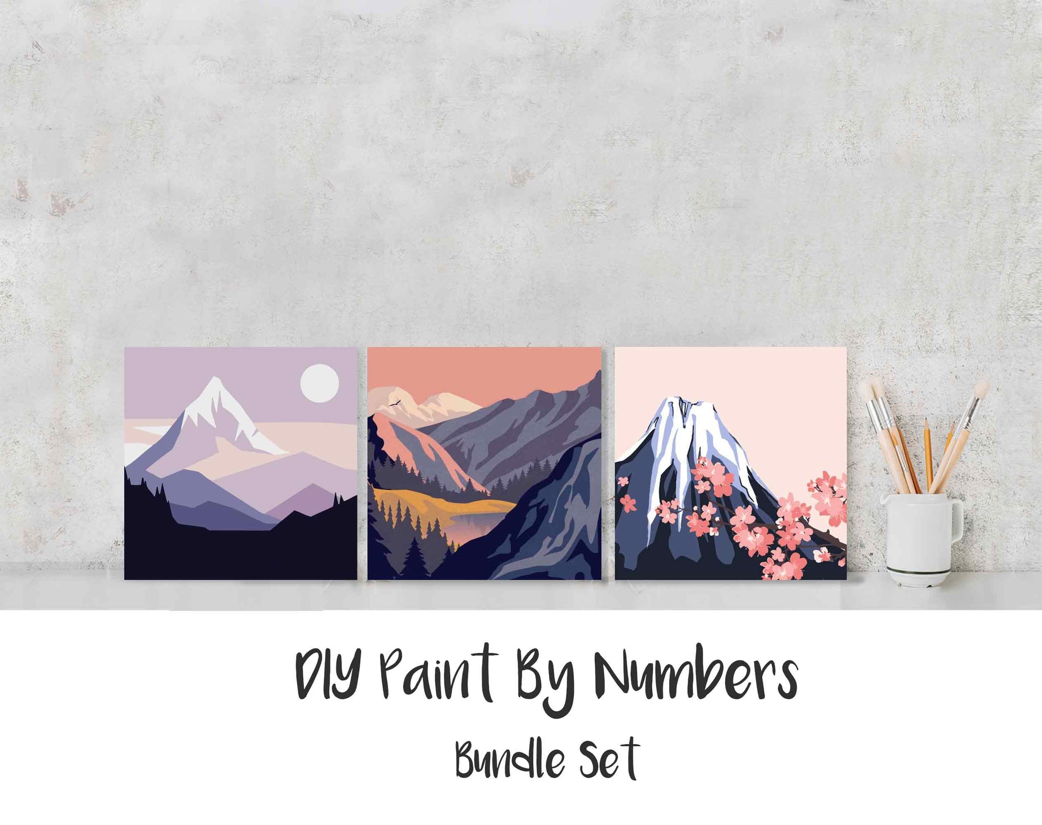 Paint By Numbers DIY, Nature ABSTRACT MOUNTAIN Landscape BUNDLE 20x20cm Framed, Landscape Paint Kit for kids & adults, for beginner, Art Craft Supplies