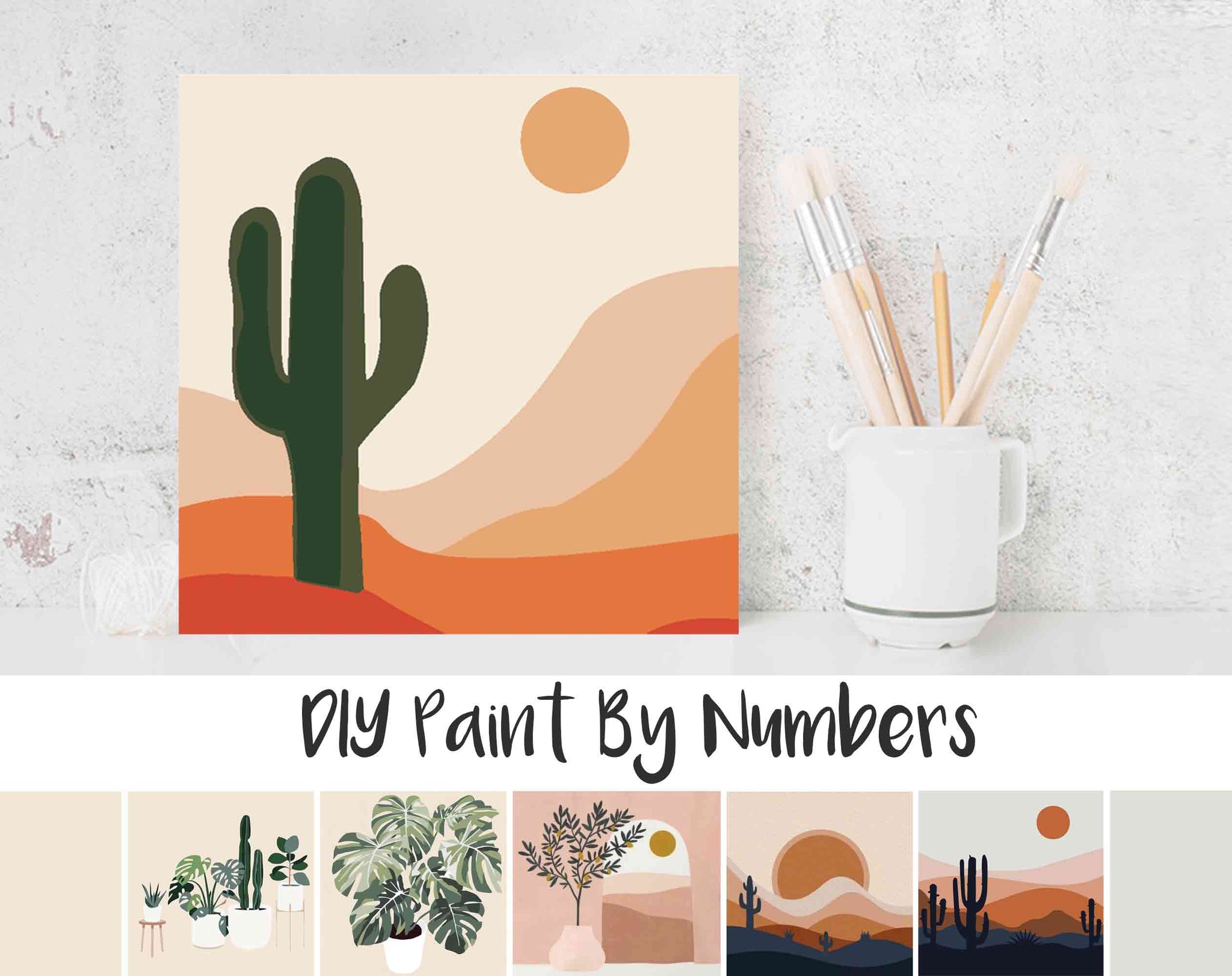 Paint By Numbers DIY, Landscape Nature Abstract, CACTUS SUNRISE, Paint Kit for kids & adults, for beginner, Home Decor Art Craft Supplies