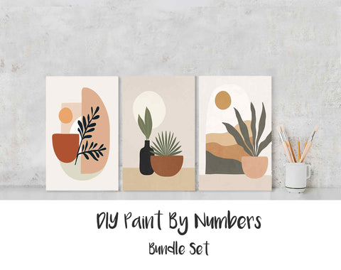 Paint By Numbers DIY, Nature ABSTRACT POT PLANTS BUNDLE 20x30cm Framed, Landscape Geometry Paint Kit for kids & adults, for beginner, Art Craft Supplies