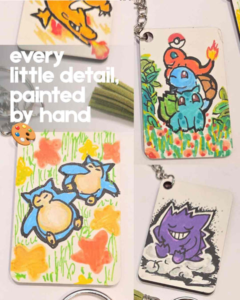 Pokemon Keychain, Handpainted - Pikachu, Charizard, Bulbasaur, Eevee, Squirtle, Gengar, Snowlax, Umbreon, Sylveon, Mimikyu, Mew, Clefairy, Rayquaza, Magikarp