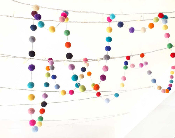 Felt Ball Garland, Colourful RAINBOW Pom Pom Garland, Christmas Tree Decorations, Nursery, Kids Wall Hanging