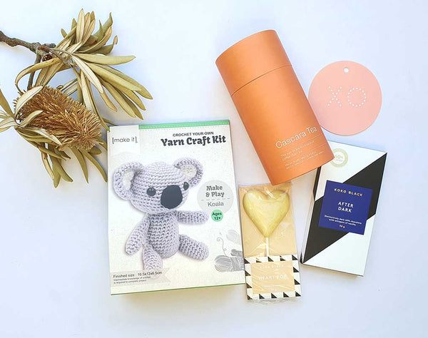 Crochet Kit Gift Box Hamper 'CROCHET, SIP & SNACK' DIY Knitting Yarn Pattern Craft Kit, Gift For Her, Gift For Mom Care Package