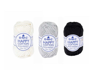 DMC Happy Cotton Yarn Bundle - BLACK GREY WHITE, Crochet Knitting Amigurumi Yarn