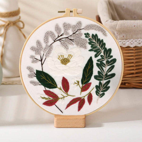 Embroidery Kit,  WHITE BLOOM Floral Plant, DIY Starter Beginner Needlework Craft Sewing Kit