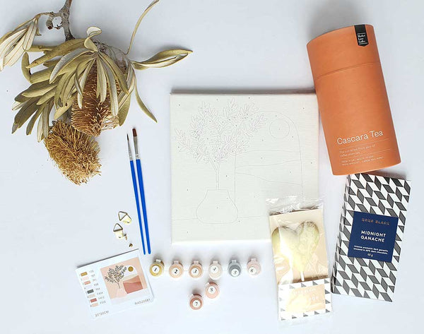 Paint Kit Gift Box 'PAINT, SIP & SNACK' Fun care package gift (PaintKit & Chocolate & Tea/ Wine)