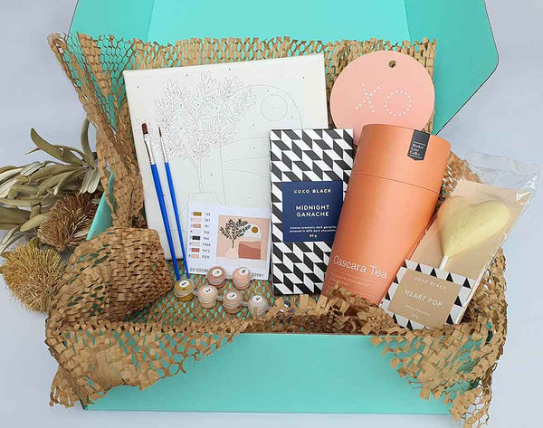 Paint Kit Gift Box 'PAINT, SIP & SNACK' Fun care package gift (PaintKit & Chocolate & Tea/ Wine)