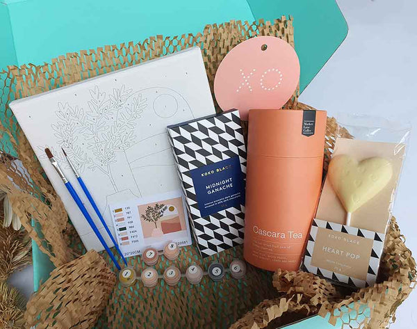 Paint Kit Gift Box 'PAINT, SIP & SNACK' Fun care package gift (PaintKit & Chocolate & Tea/ Wine)